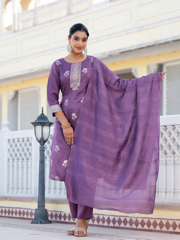 Varanga Women Round Neck Woven Design Kurta Paired With Bottom And Dupatta
